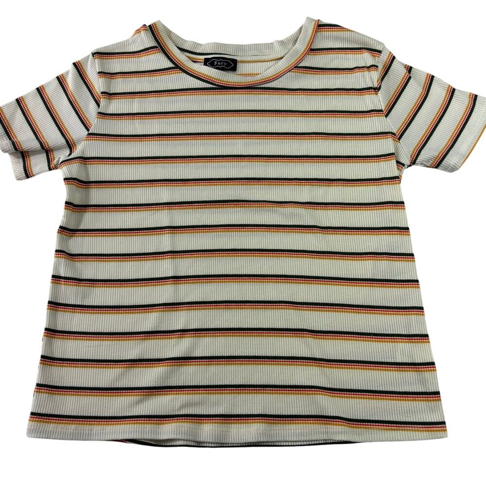 Ribbed Striped Tee Cream Red Mustard Green Fitted Retro Style, Womens Sz M, Fury